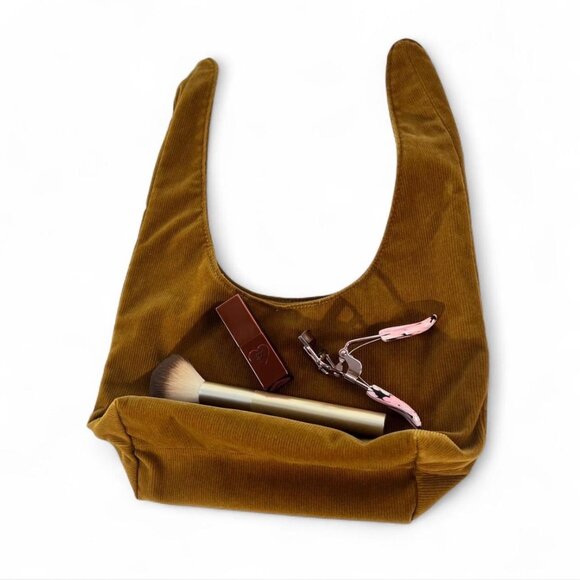 Merit Brown Corduroy Cosmetic Bag Tie Handles Boho Earth-Tone Travel Soft Utilit - Picture 4 of 6